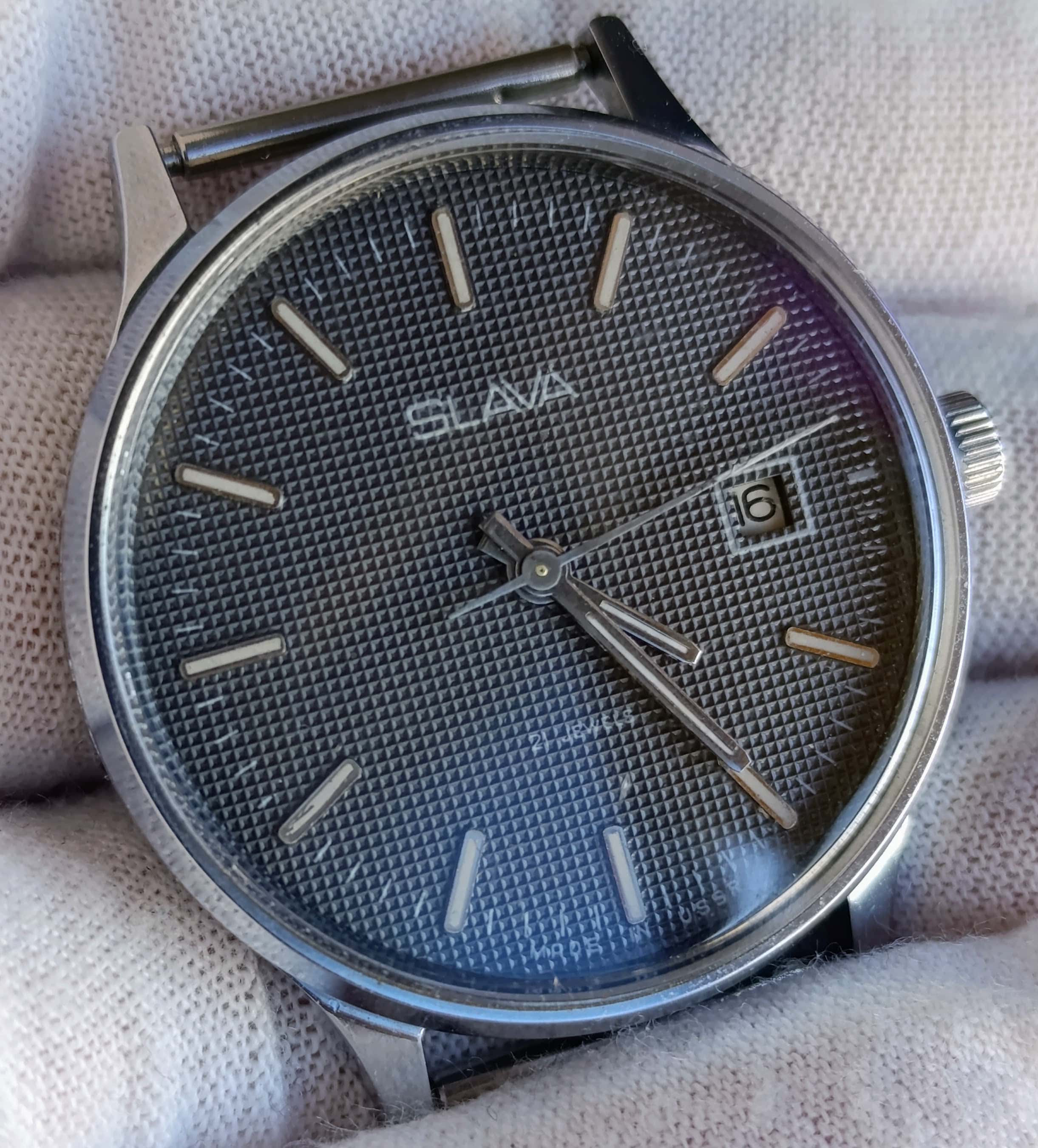 Vintage Slava Watch 2414 USSR 1980s – Black Guilloche Dial  21 Jewels Mechanical