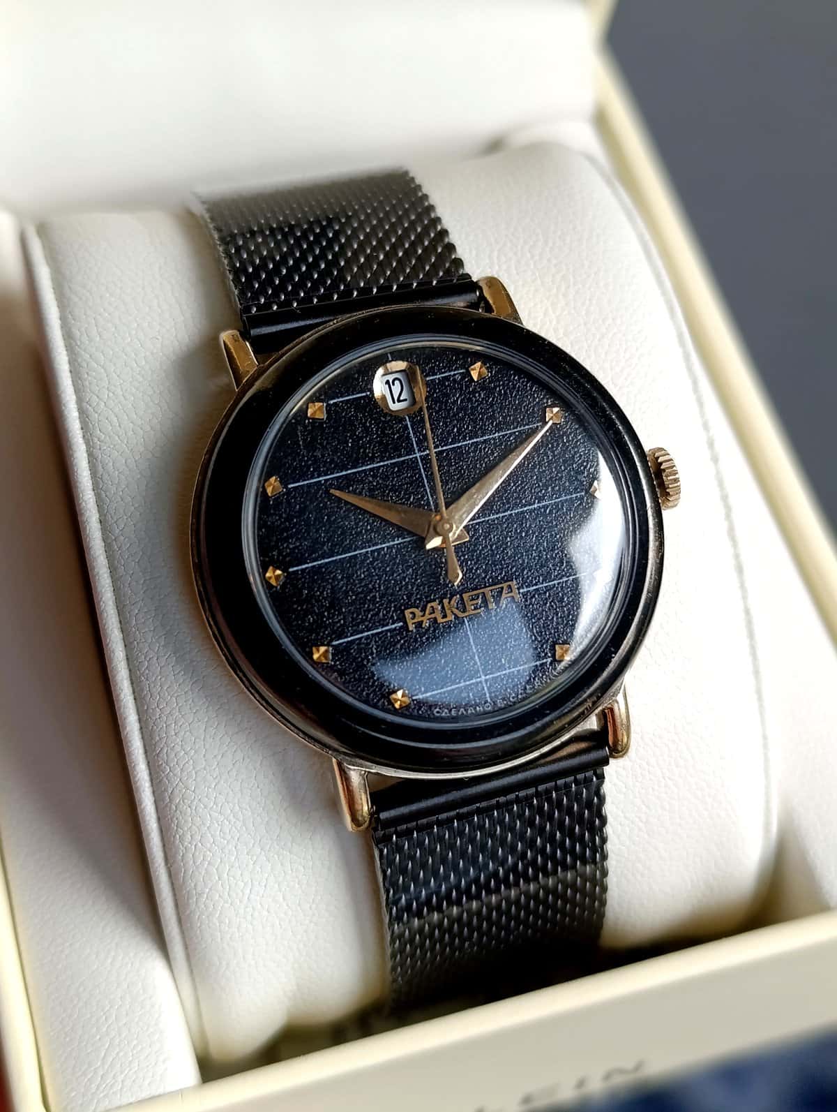 Raketa Black Prince USSR Watch 1980s Gold Plated Crosshair Dial Serviced Vintage