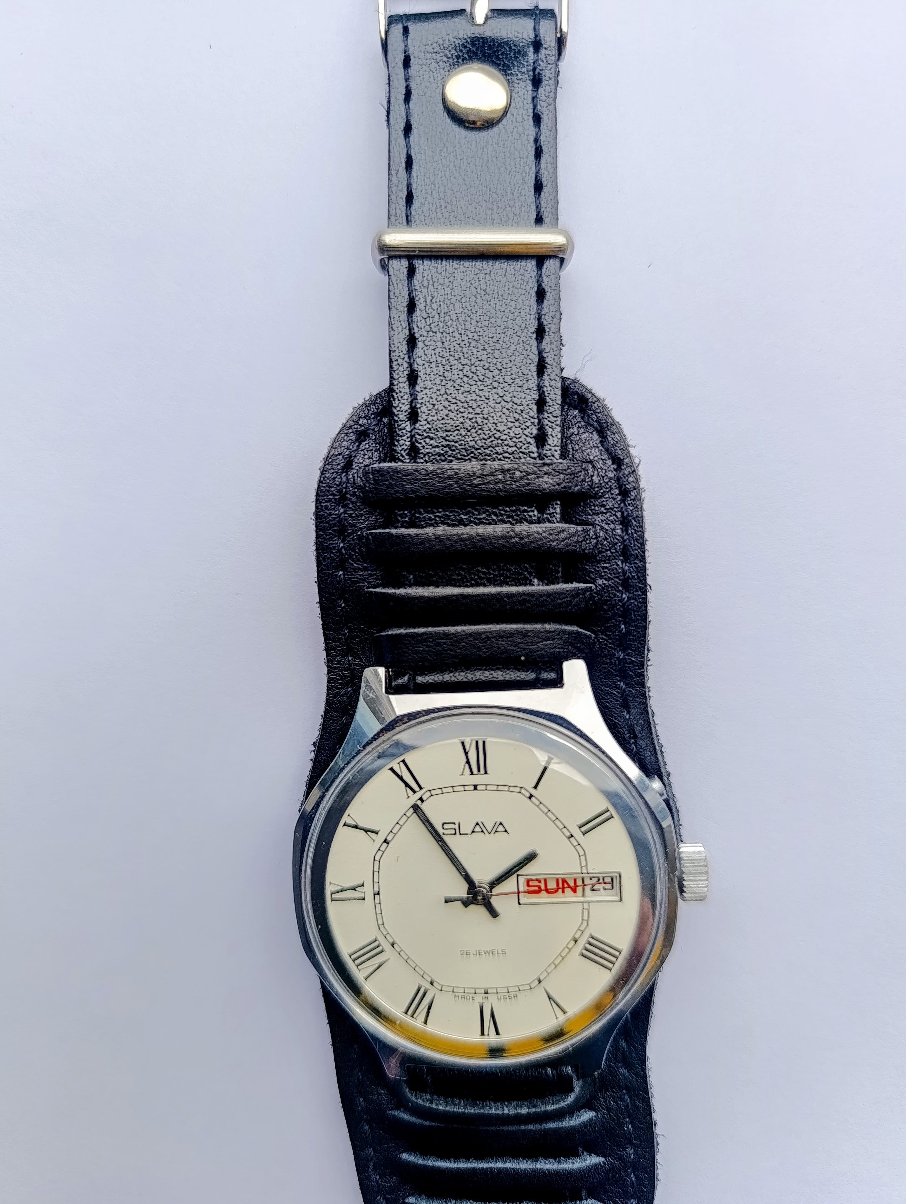 Rare Slava 2428 Mechanical Watch from USSR – 26 Jewels Movement, Dual Calendar, Authentic Soviet Men’s Wristwatch – thumbnail 8