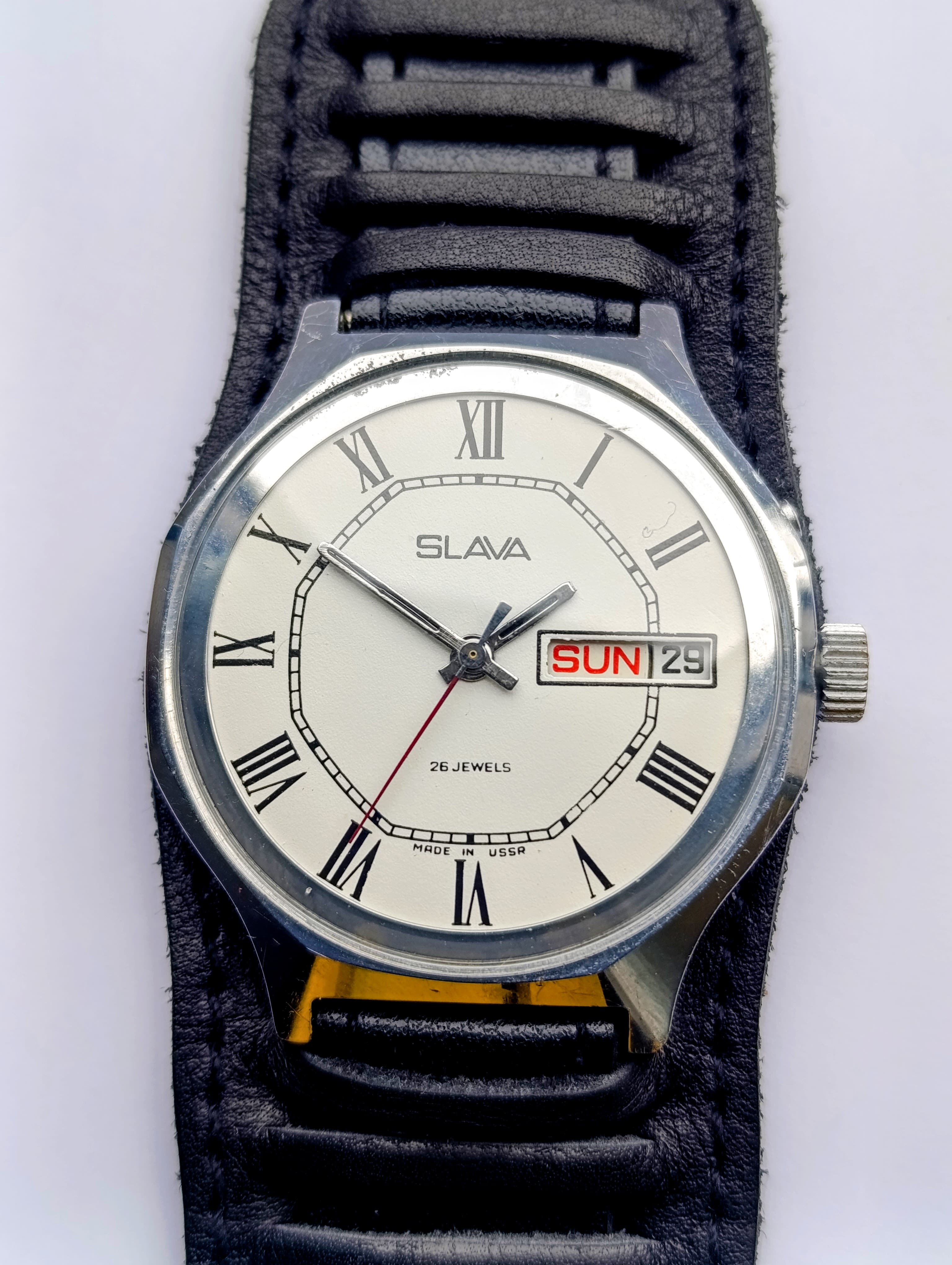 Rare Slava 2428 Mechanical Watch from USSR – 26 Jewels Movement, Dual Calendar, Authentic Soviet Men’s Wristwatch – thumbnail 2
