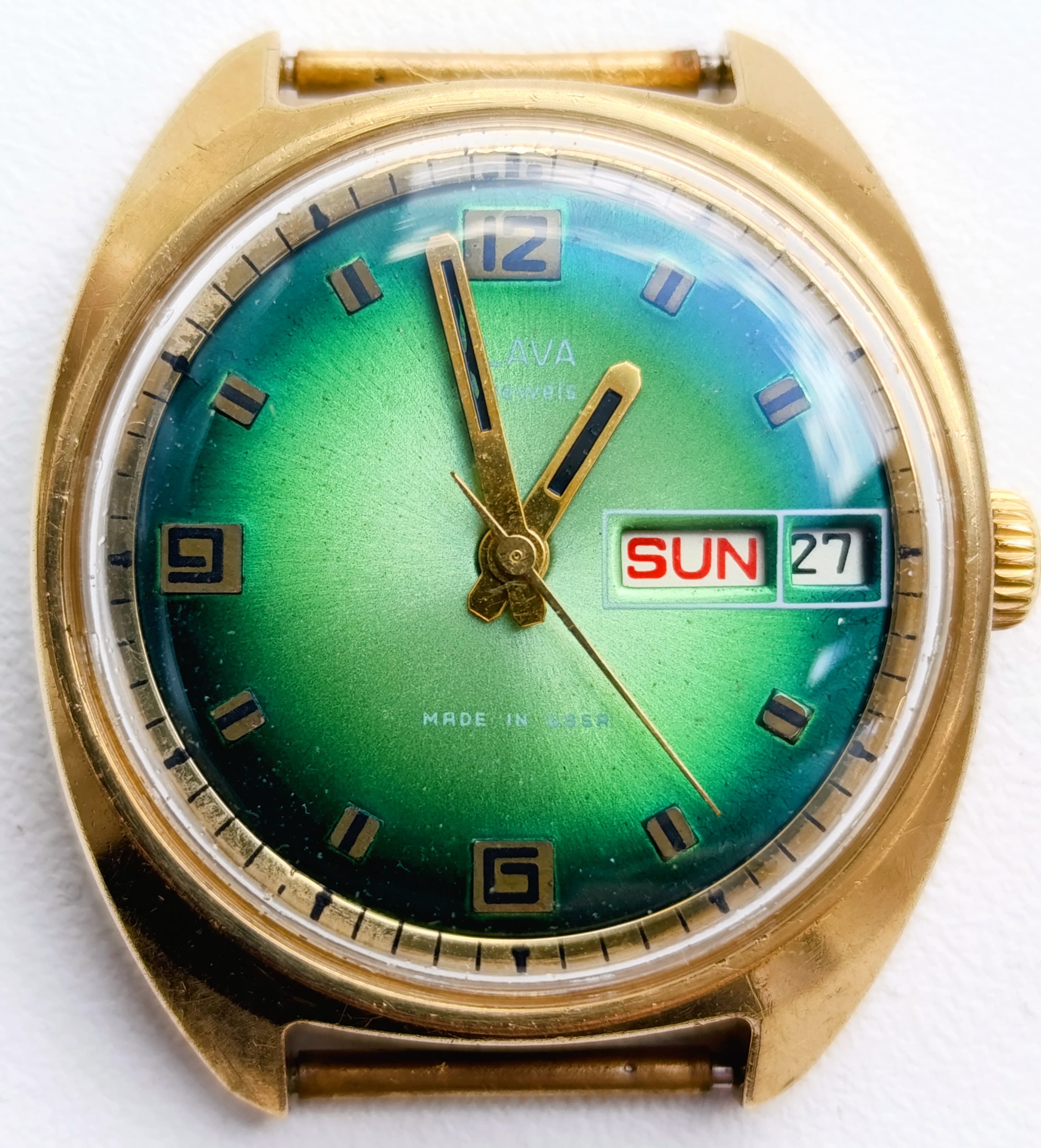 Slava Vintage Soviet Watch - Rare Green Gradient Dial - USSR 2428 Day-Date - Serviced – thumbnail 1