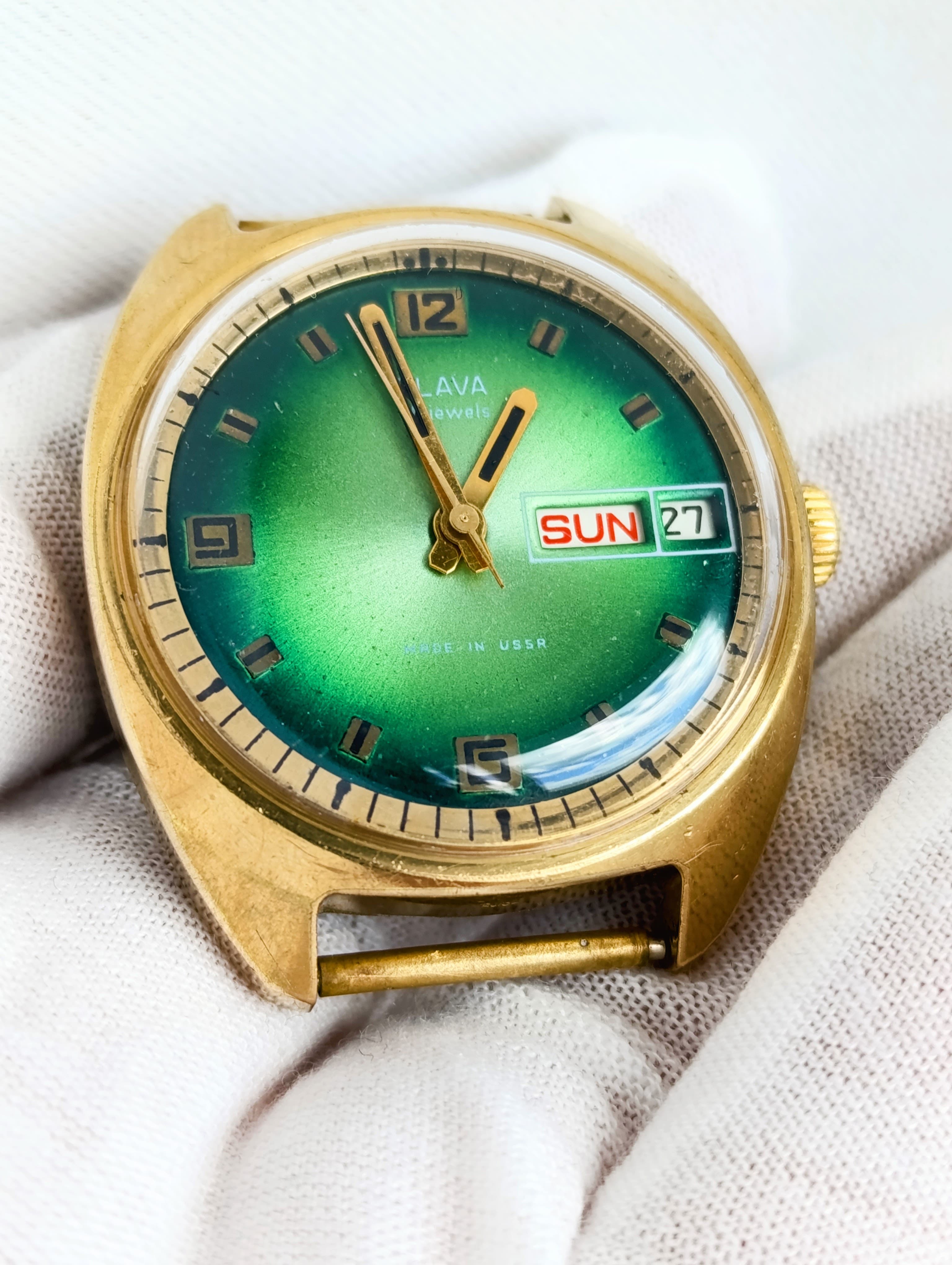 Slava Vintage Soviet Watch - Rare Green Gradient Dial - USSR 2428 Day-Date - Serviced – thumbnail 11