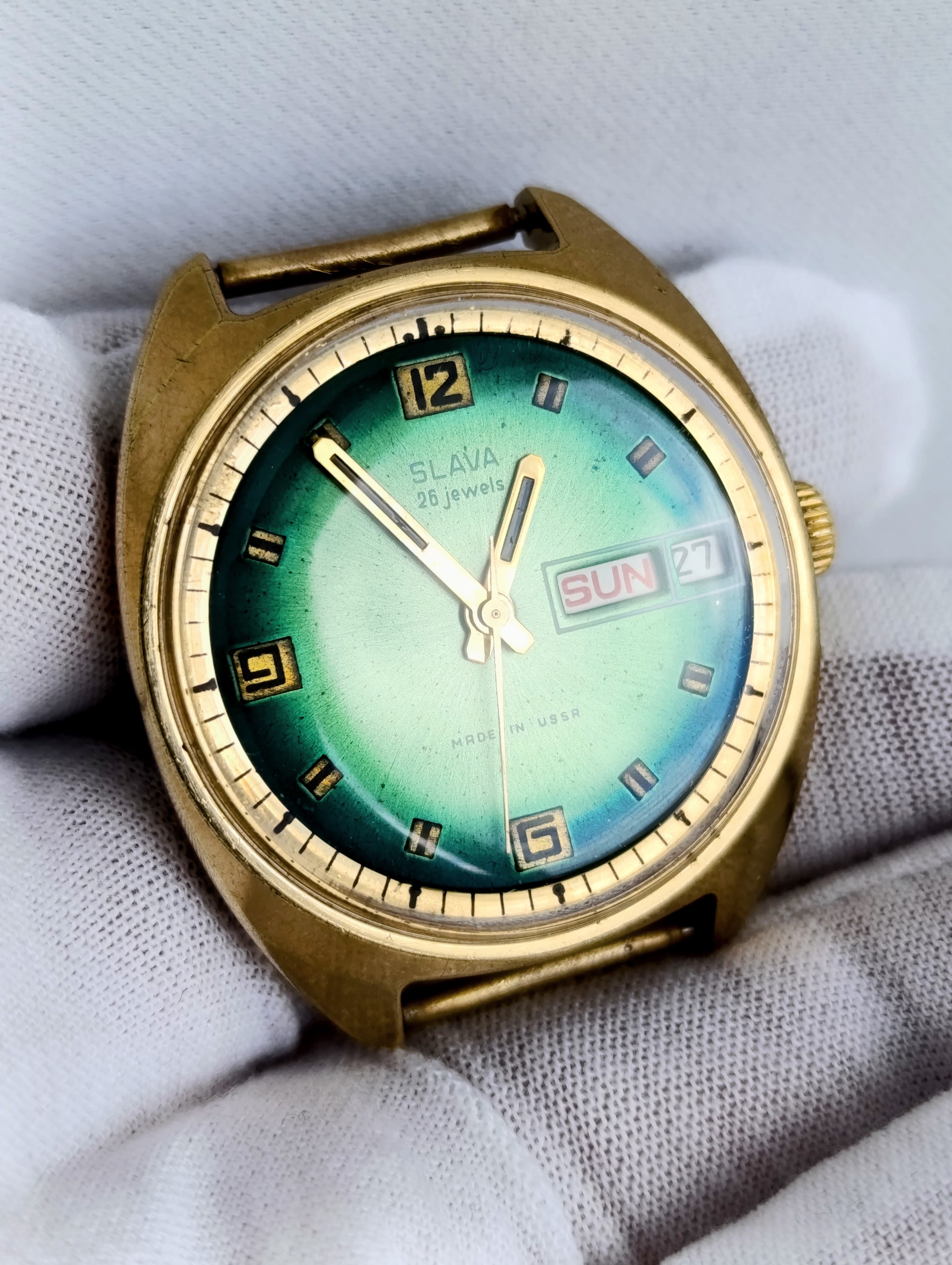 Slava Vintage Soviet Watch - Rare Green Gradient Dial - USSR 2428 Day-Date - Serviced – thumbnail 5