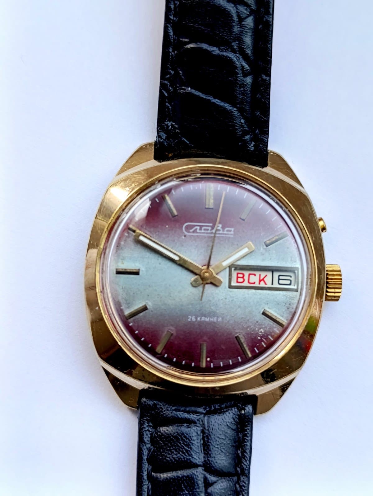 Vintage Slava 2428 USSR Watch – Purple Gradient Dial, Cyrillic Day-Date – thumbnail 1