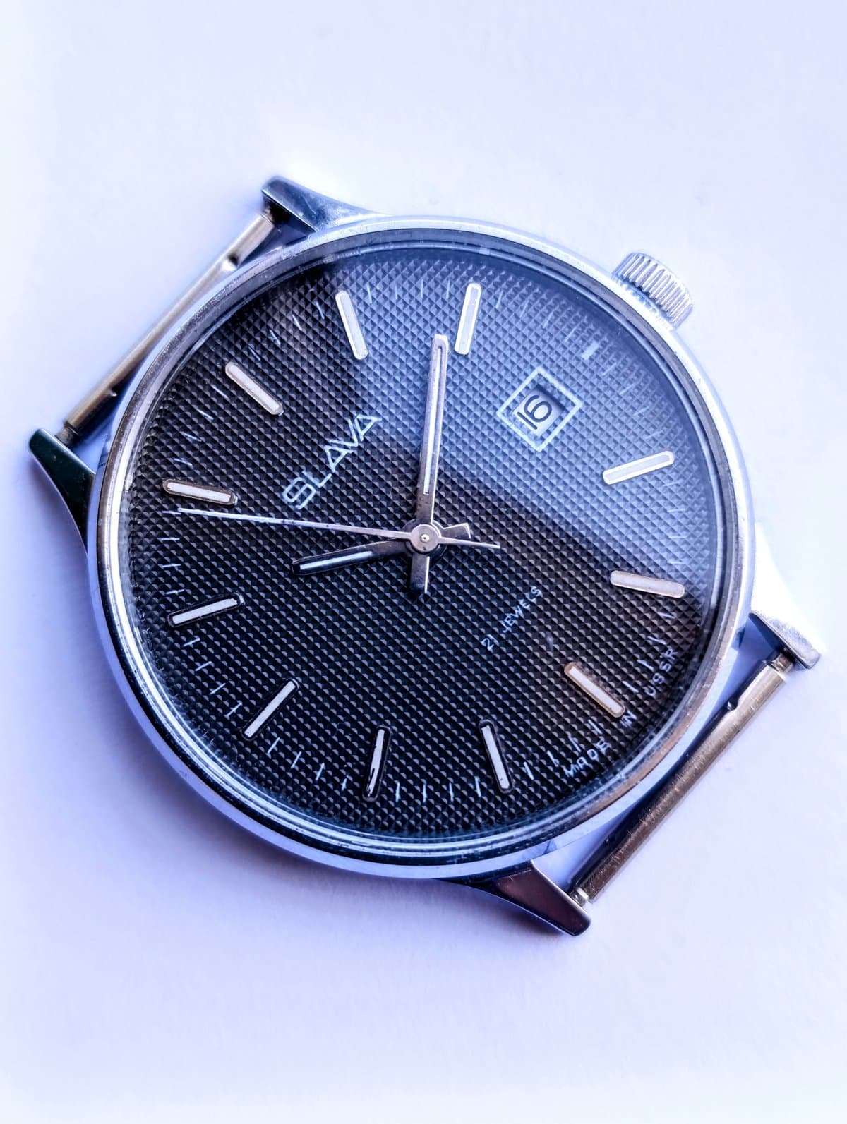 Vintage Slava Watch 2414 USSR 1980s – Black Guilloche Dial  21 Jewels Mechanical – thumbnail 5