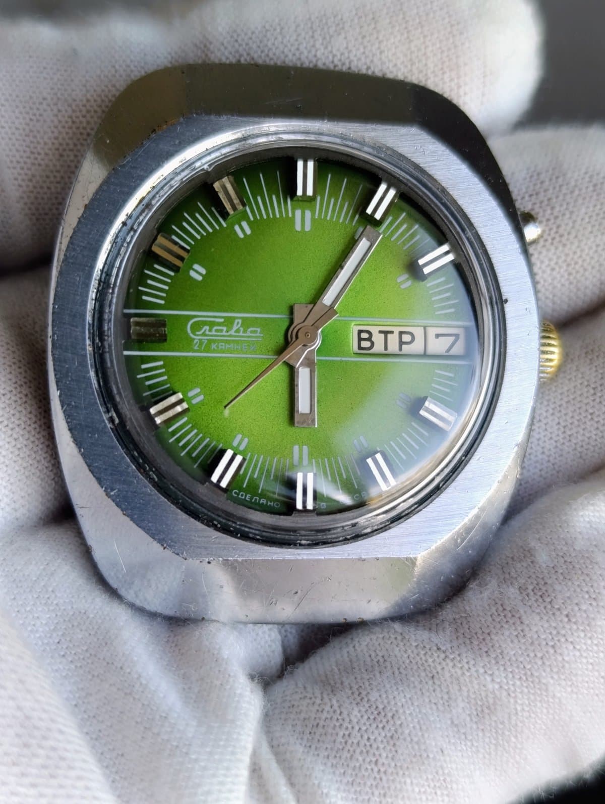 Vintage Slava USSR Automatic Watch 27 Jewels Cal 2427 Day Date Green Dial 1980s – thumbnail 1